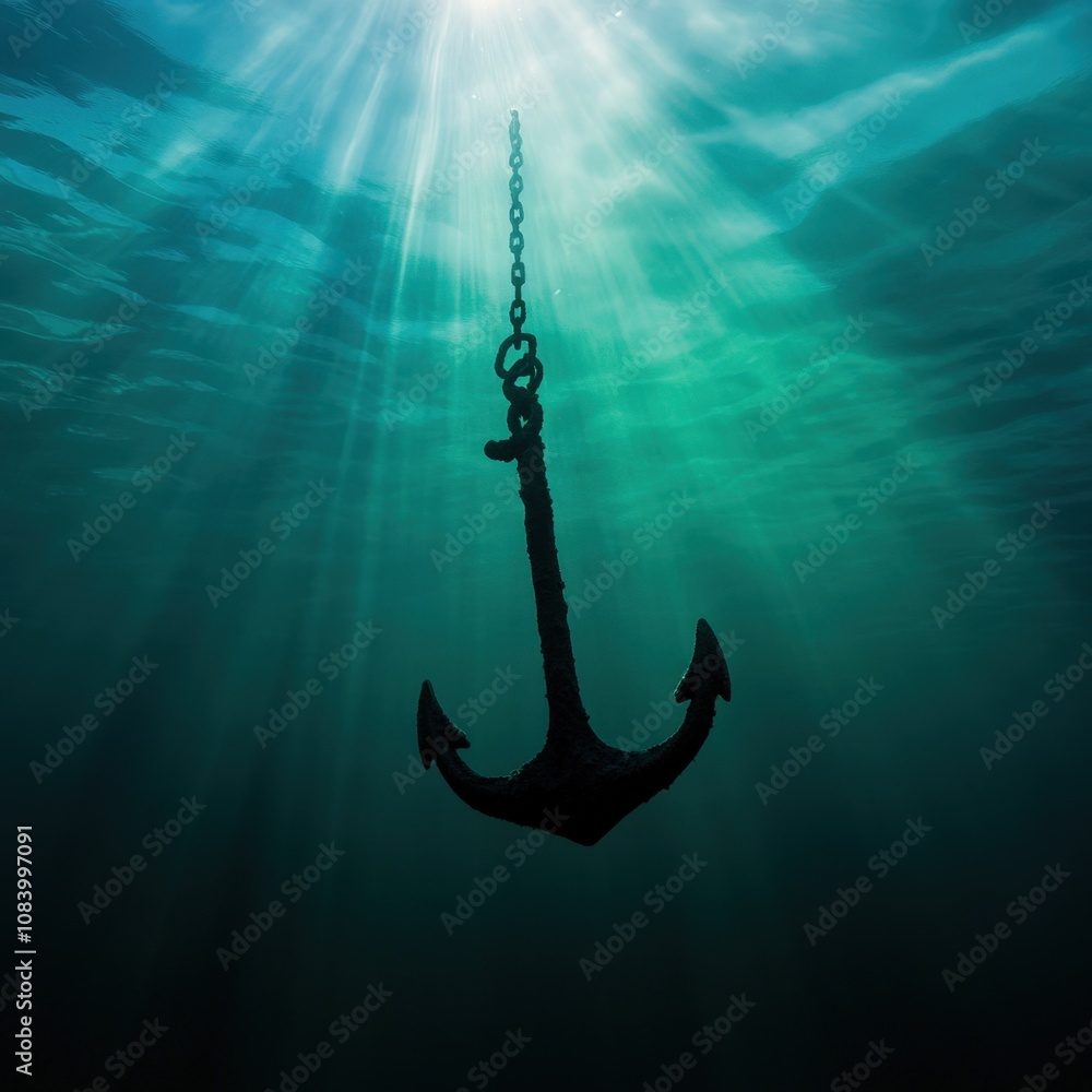 Obraz premium an anchor submerged in clear blue water with sunlight filtering through