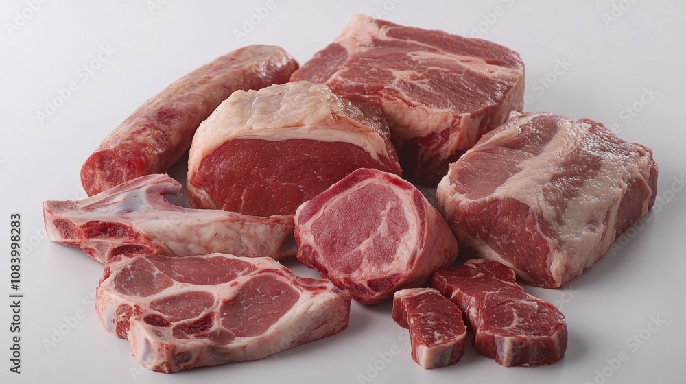 Fototapeta premium A Diverse Selection of Fresh Cuts of Red Meat Arranged on a White Surface, Showcasing Various Textures, Colors, and Shapes Suitable for Culinary and Food Photography.