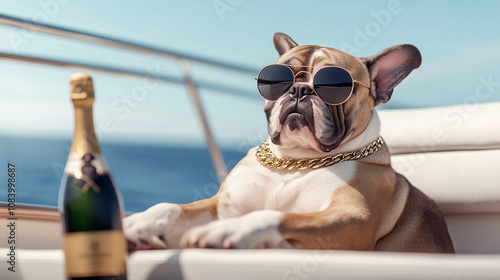 A bulldog in round sunglasses with a luxury watch and gold chain, sitting with a bottle of champagne, enjoying a sunny day on the yachtâs upper deck.