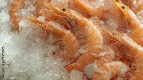 Fresh Shrimp on Ice Displayed in Market for Seafood Lovers, Showcasing Natural Pink Color, Texture, and High-Quality Appeal for Culinary Use and Cooking Inspiration