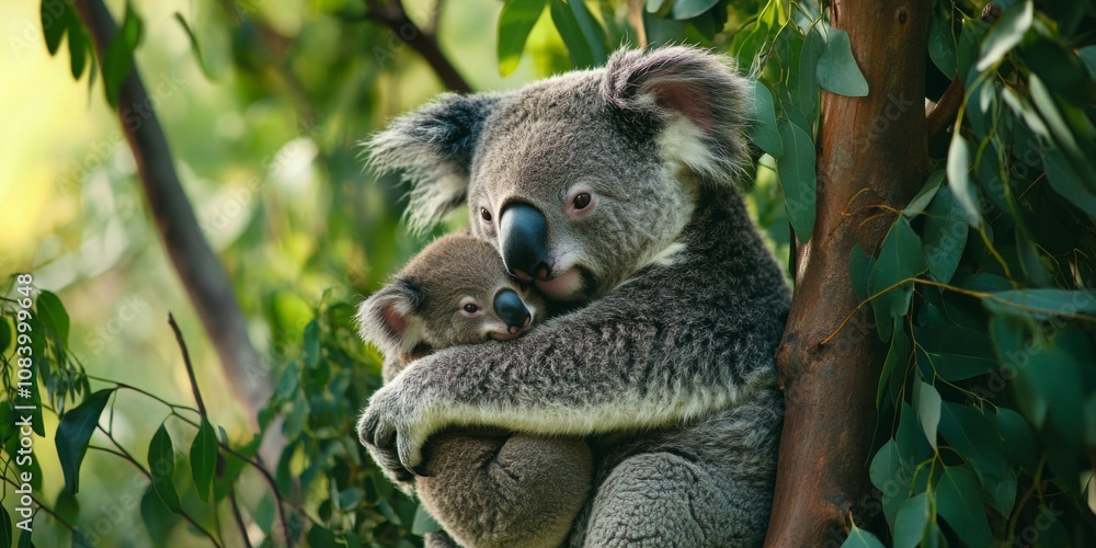 Fototapeta premium A heartwarming scene of a koala mother holding her baby in a tree. 