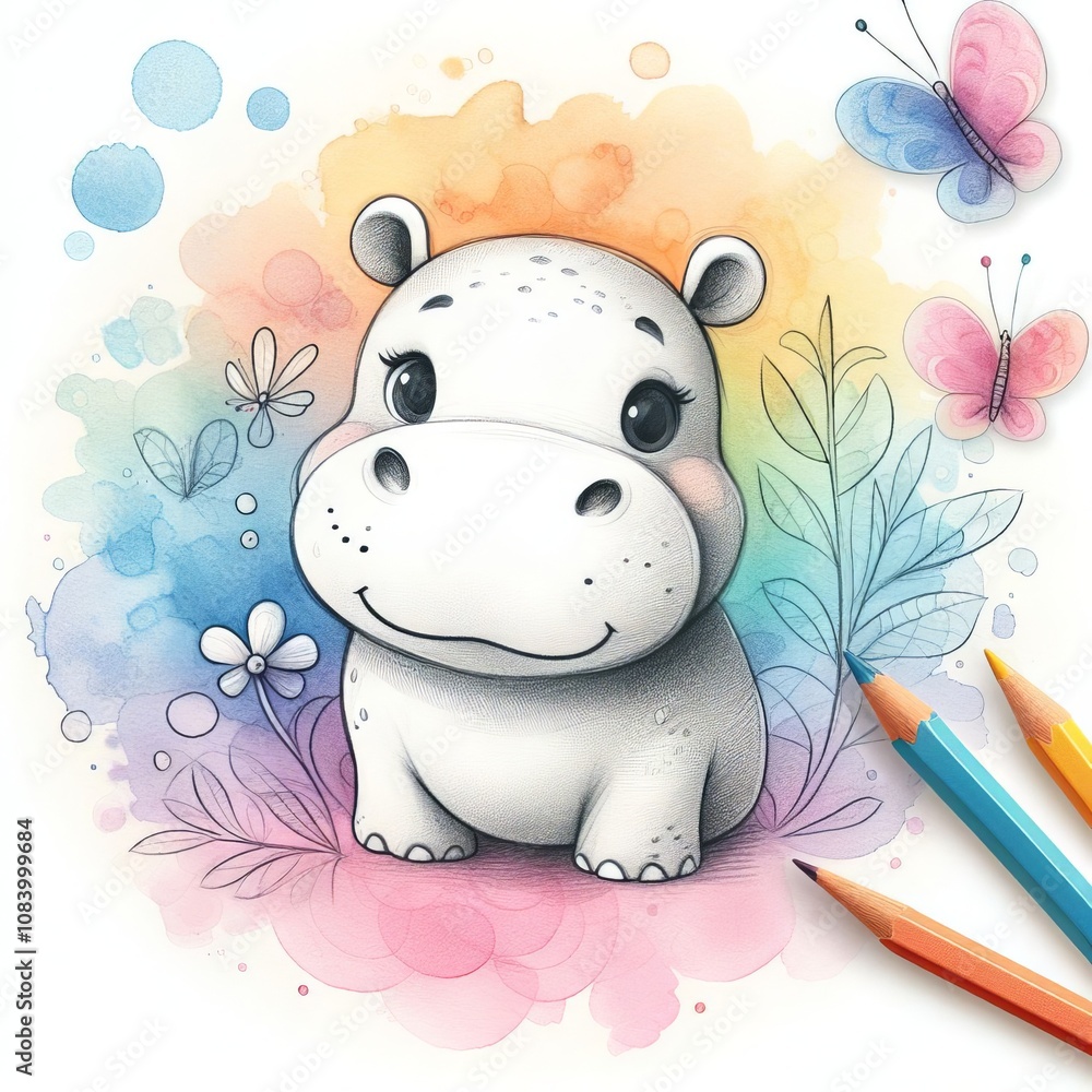 Fototapeta premium Adorable Baby Hippo Smiles Among Watercolor Flowers and Butterflies in Magical Pastel Garden of Childhood Dreams