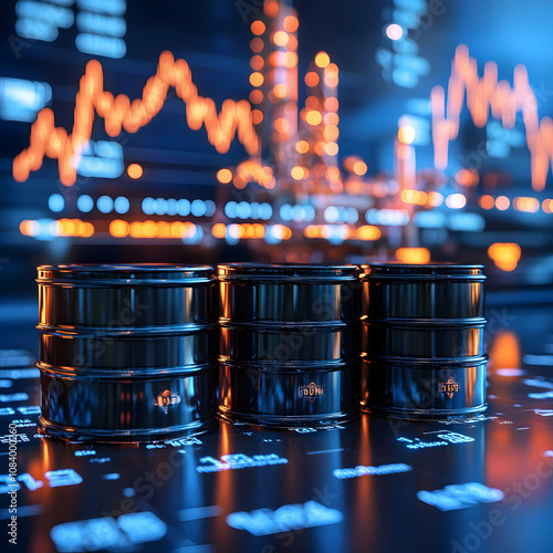 3D Illustration Oil Barrels Stock Market Trading Price Chart photo