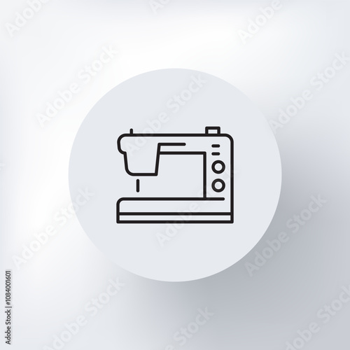 Minimalist icon of a sewing machine in a circle on a light gray background.