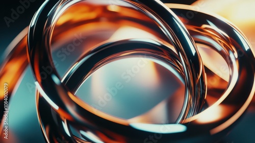 Abstract 3D metallic rings with layered geometry, shiny and reflective futuristic style