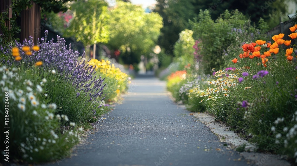 Fototapeta premium Serene Garden Pathway Surrounded by Colorful Flowers and Lush Greenery in a Tranquil Neighborhood Setting with a Gentle Spring Atmosphere