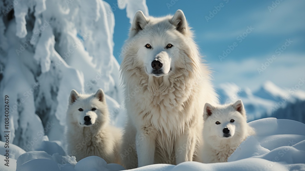 Fototapeta premium Alert wolves standing on snowy white winter landscape.
