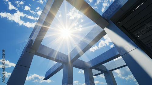 Sunlight pours through the framework of a future kitchen area, with open beams and trusses creating a unique pattern against a radiant blue sky. photo