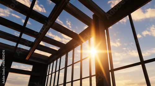 Sunlight pours through the framework of a future kitchen area, with open beams and trusses creating a unique pattern against a radiant blue sky. photo