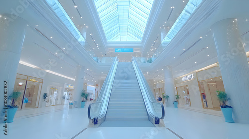 Photo Modern White Shopping Mall Interior Escalator Skylight