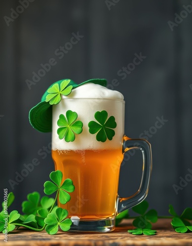 A tall glass mug of light-colored beer is decorated with small green shamrocks and a miniature green hat resting on the frothy head photo