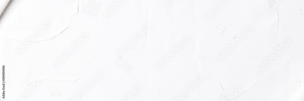 Fototapeta premium A crumpled white paper with wrinkled edges hangs as a poster, creating a textured and vintage look, white paper, grunge, space