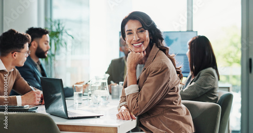 Принти на полотні Business woman, portrait and laptop in meeting with website research, proposal and planning at finance job