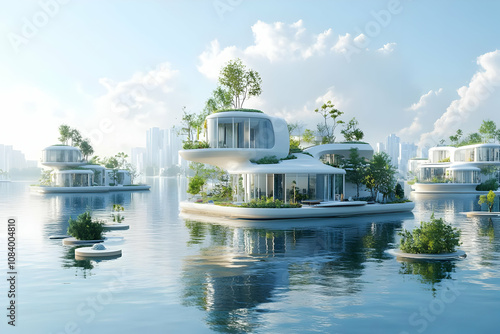 3D Illustration - Futuristic Floating City Eco House, Sustainable Architecture photo