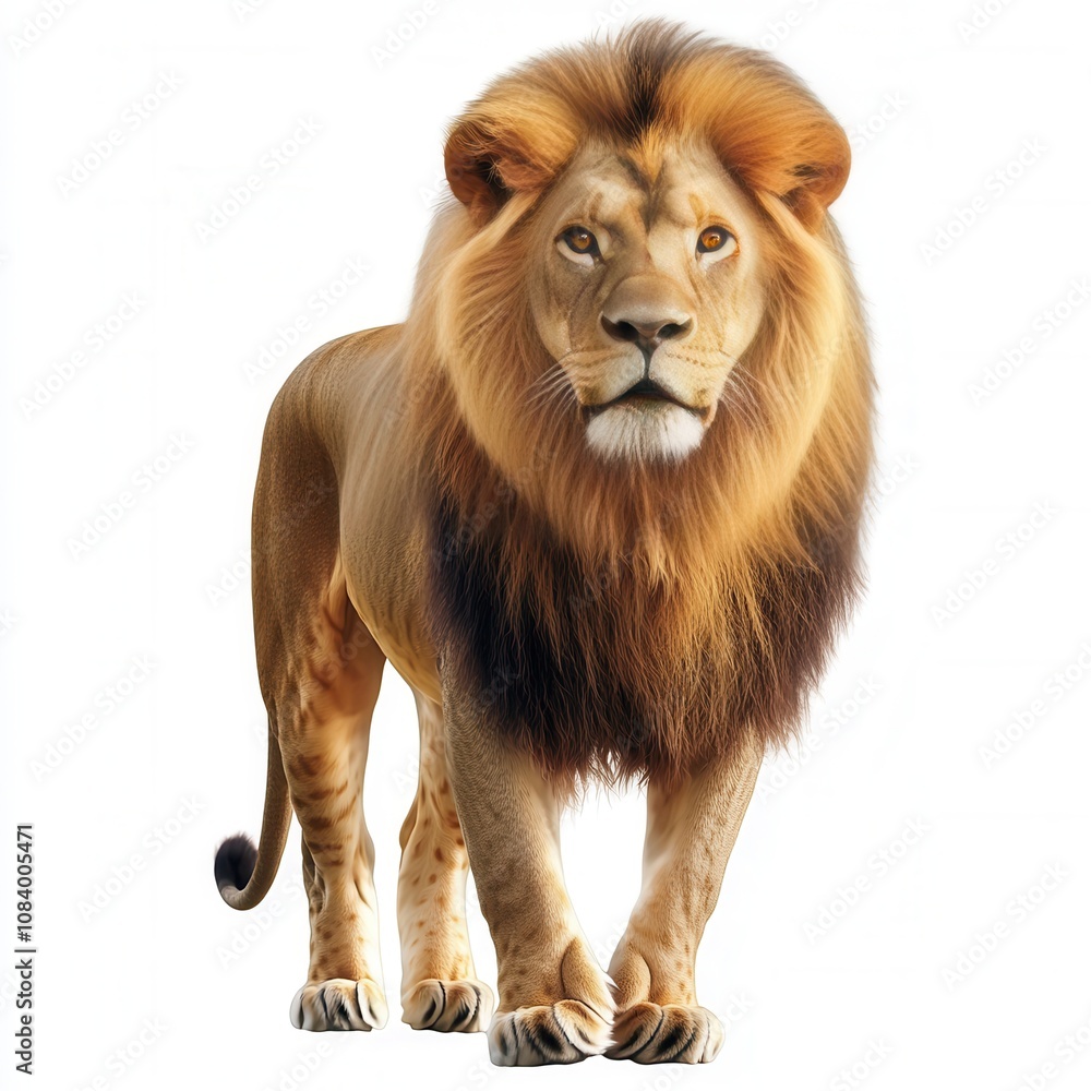 Obraz premium Majestic Male African Lion with Golden Mane, Standing Isolated on White Background - High-Resolution Wildlife Photography