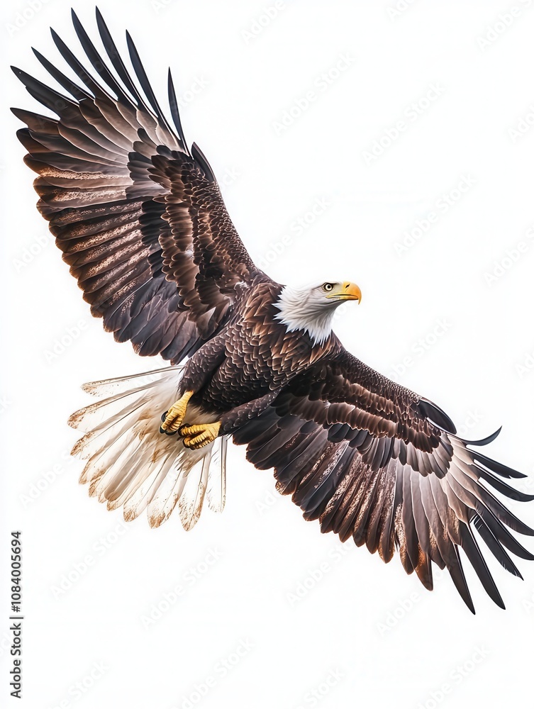 Obraz premium Majestic Bald Eagle in Flight Stunning Wildlife Photography with Isolated White Background.