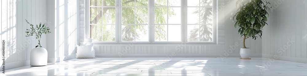 Fototapeta premium Scandinavian style, white room with window, summer landscape, home design, copy space, 3D rendering.