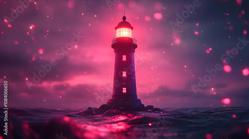 Illustration - Lighthouse Ocean Night Pink Light Fantasy