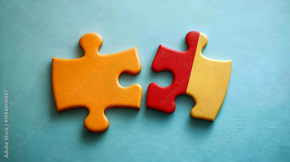 Obraz premium Photo Two Puzzle Pieces Teamwork Connection Solution