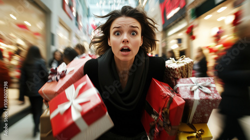 A stressed woman struggling to carry a large pile of Christmas gifts through a busy shopping mall, dodging shoppers and holiday displays.