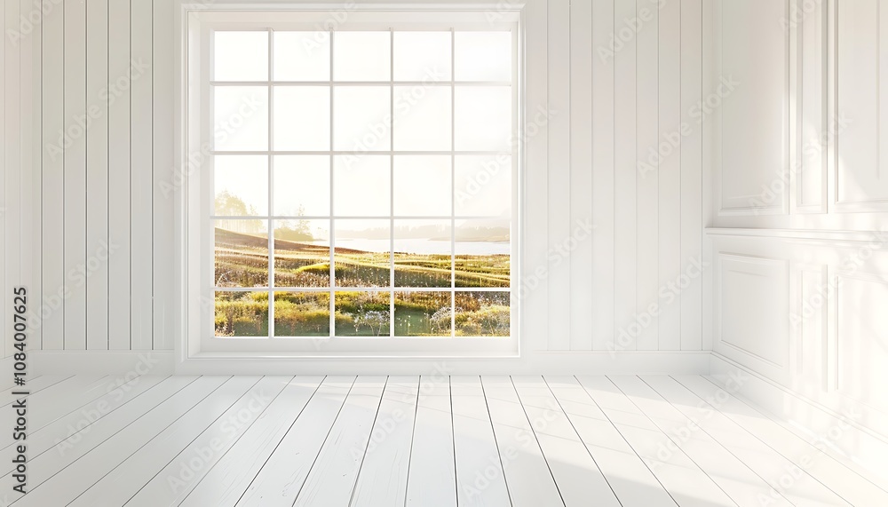 Fototapeta premium Scandinavian style, white room, window with summer landscape, minimalist design, copy space, 3D rendering.
