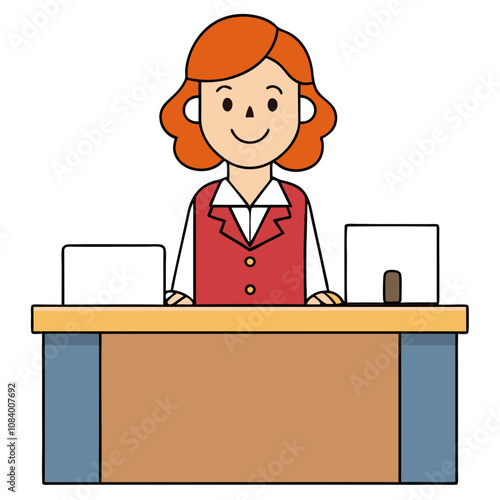 A woman greeting visitors at the reception desk with a friendly smile