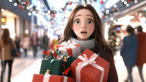 A flustered woman holding a mountain of Christmas presents, trying to make her way through a packed holiday mall filled with decorations and cheerful shoppers. photo