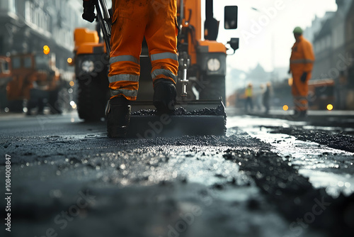 a construction worker in bright orange work overalls spreading asphalt on a road, using a hand-held asphalt spreader photo