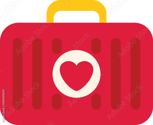 Red suitcase representing the concept of honeymoon vacation and romantic trips
