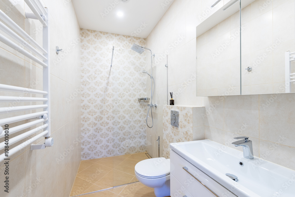 custom made wallpaper toronto digitalBright Elegant Modern Luxury Scandinavian Bathroom Interior Design of Shower. LED Lights. White Heater. Shower Room. LED Light. Tiled Floor