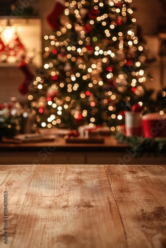Festive Kitchen Backdrop with Rustic Wooden Table and Christmas Tree Glow