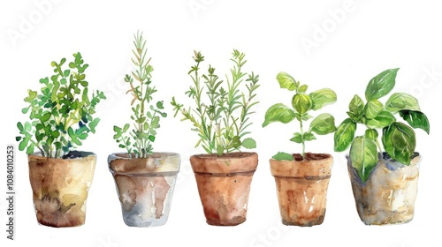 Watercolor illustration of herbs like rosemary, thyme, basil growing in pots on white background. Home herbarium