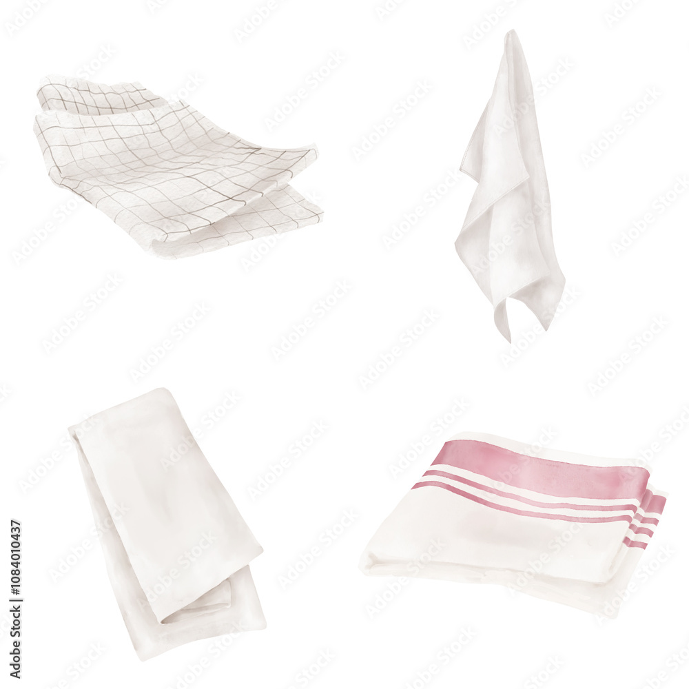 Naklejka premium Hanging napkins and folded kitchen towels, set. Watercolor digital illustration. Cotton white towels, linen napkins and tablecloth isolated on white background. For cleaning, kitchen and food theme