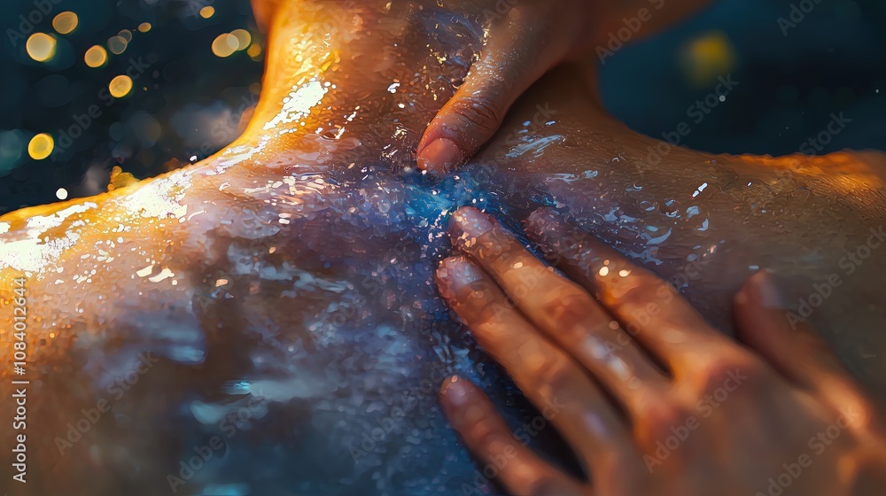 Fototapeta premium A close-up of a person's back with hands gently massaging, adorned with water droplets and luminous lighting, creating a serene and intimate atmosphere.