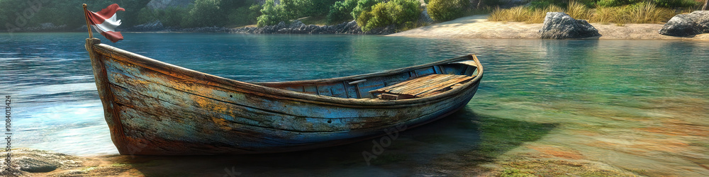 Obraz premium Pirate Plunder: A weathered wooden boat with a colorful pirate flag waving in the wind, anchored at a secluded cove.