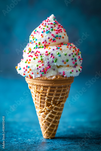 A cone of ice cream with sprinkles on top of it photo