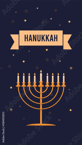 Happy Hanukkah Jewish Holiday Social Media Post Template.Hanukkah on burgundy vertical background with holiday candles and David stars.Design for Jewish Festival of light. Place for your text.