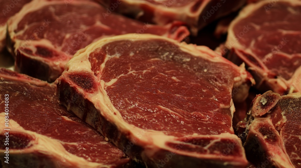 Fototapeta premium Freshly Cut Ribeye Steaks Displayed in a Neat Arrangement Ready for Grilling, Barbecuing, or Cooking in a Gourmet Kitchen Setting for Culinary Lovers