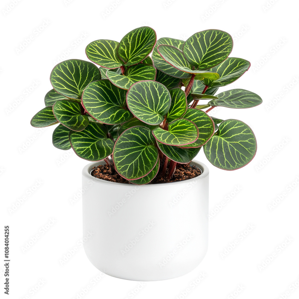 Fototapeta premium Vibrant green plant with striking patterned leaves in a modern white pot, perfect for home decor.