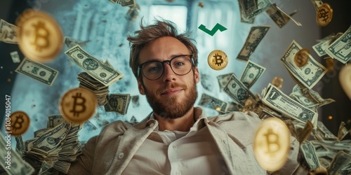 A man with glasses relaxes while surrounded by floating dollar bills and bitcoin symbols. This image represents financial success and the future of cryptocurrency investing. AI