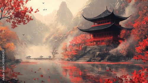 Captivating Autumn Landscape with Traditional Architecture and Reflective Lake Surrounded by Majestic Mountains
