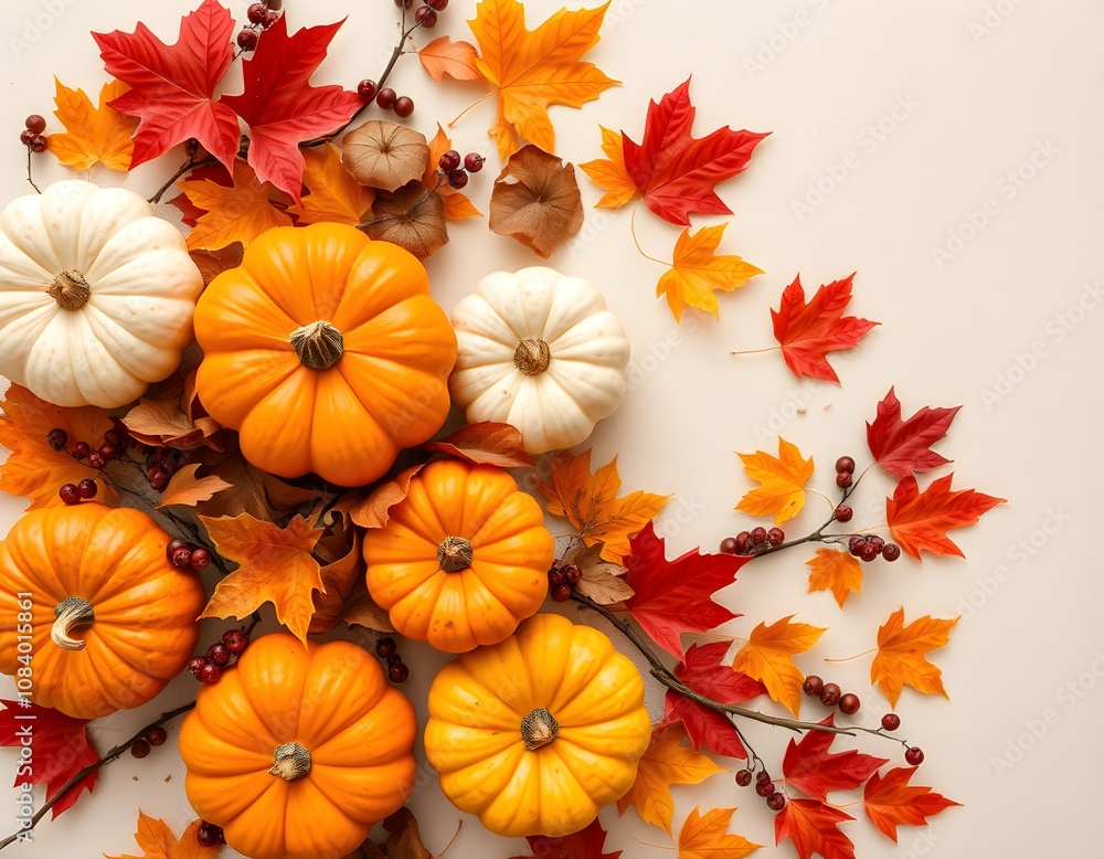 Fototapeta premium Harvest Beauty Overhead Fall Tablescape with Pumpkins and Berries