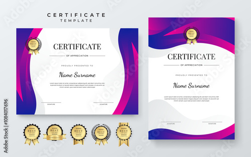 Colorful Certificate Template for Appreciation and Achievement. Features Geometric Shapes and Award Icons, Perfect for Professional or Educational Achievements