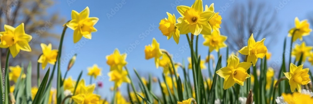 Fototapeta premium Vibrant yellow daffodil flowers blooming in a vast field under clear blue sky, field, outdoors