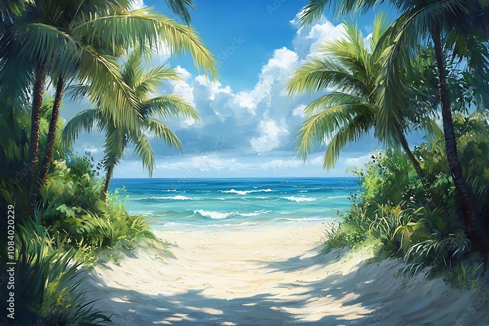 Fototapeta premium Digital Art Palm-Fringed Pathway to the Beach