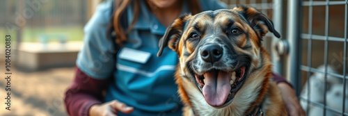 A tri-color dog, possibly a mixed breed, sits near a cage in an animal shelter photo