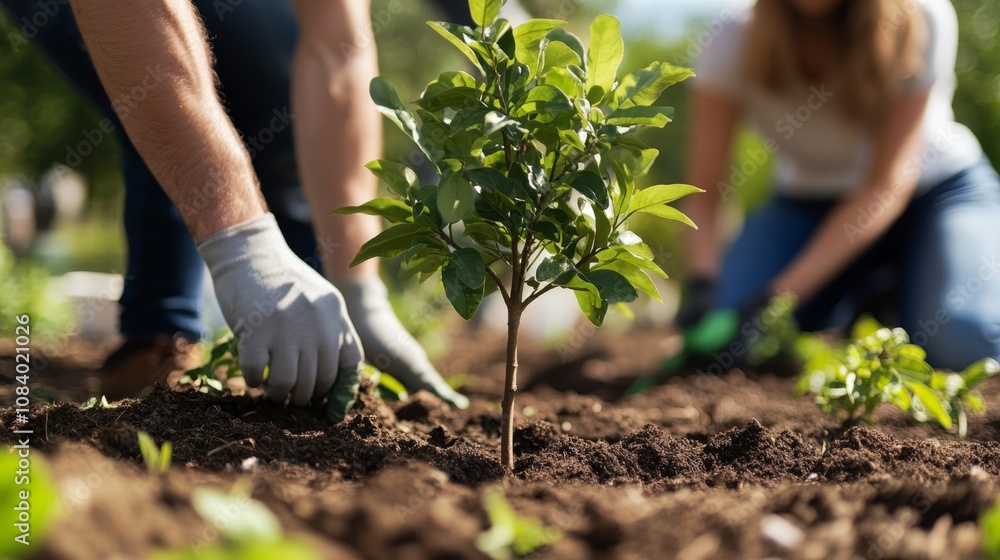 Fototapeta premium Planting young trees community garden photography outdoor close-up environmental awareness