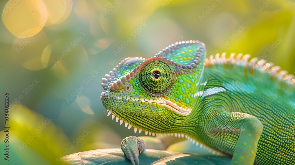 Fototapeta premium A vibrant chameleon perched on a leaf, showcasing its colorful scales in a natural setting.