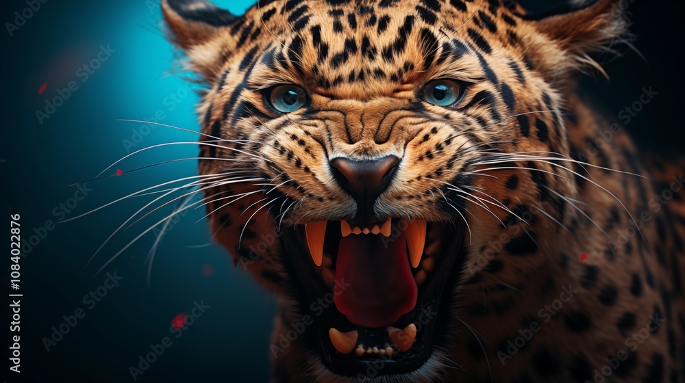 Obraz premium Angry leopard head with blue background.