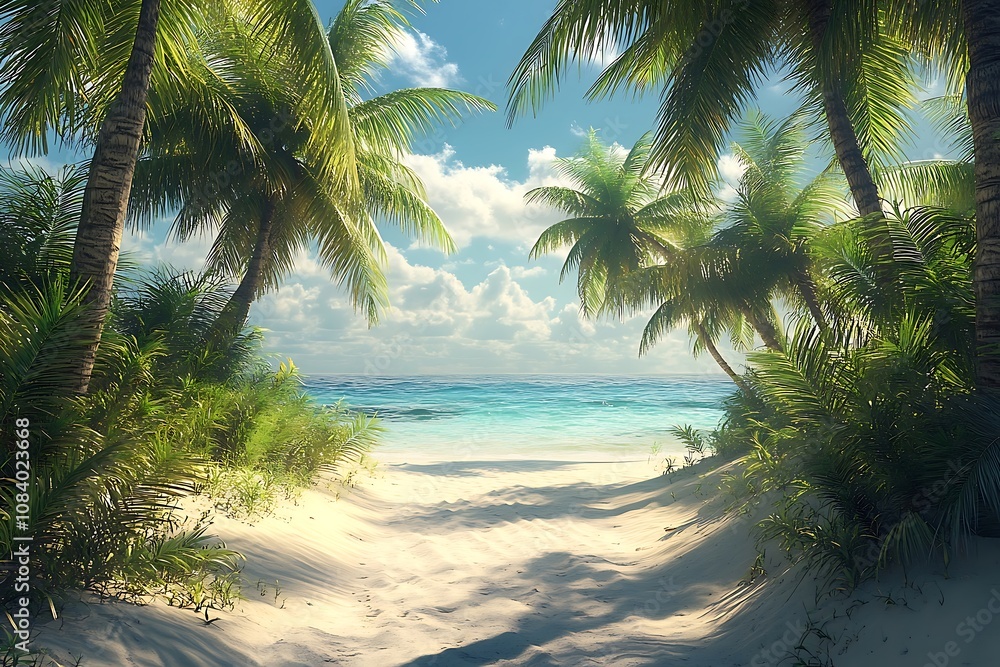 Fototapeta premium Lush Palm Trees Frame Tranquil Beach Path